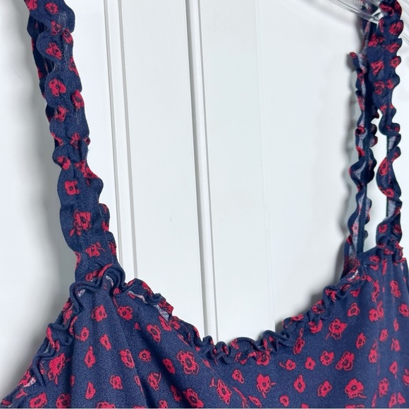 REFORMATION Virgil Dress Navy/Red Floral Print Ruffle Strap GRANADA Crepe Midi - Picture 9 of 16